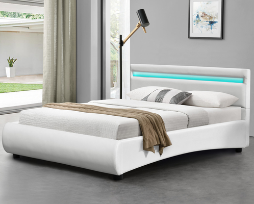 Weißes Kunstleder-Polsterbett, modernes Design mit LED-Kopfteil