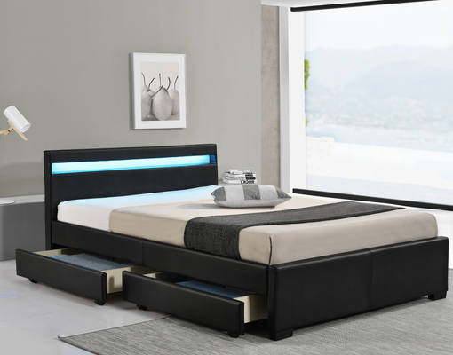 Schwarzes Kunstleder-Doppelbett, gepolstertes Bett mit kabelloser Fernbedienung