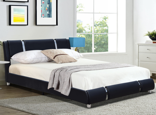 Verstellbares Kopfteil, Queen-Size-Plattformbettrahmen, schwarzes Kunstleder-Polsterbett