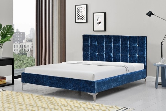 Blaue zerquetschte Samt-Polsterbett-Rahmen-natürliche Größe mit Crystal Buttons
