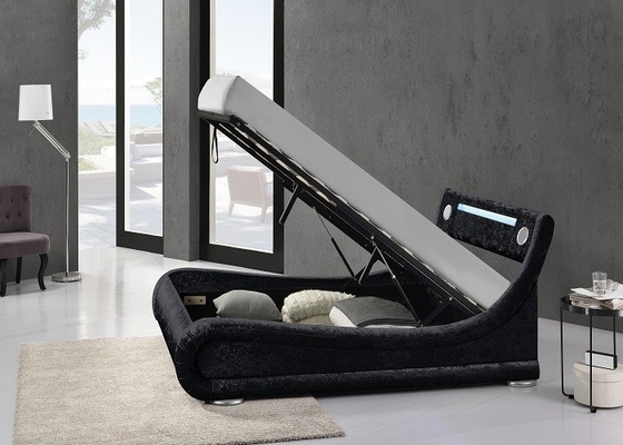 Schwarzer lederner gepolsterter Kurvenverlauf König-Size Storage Bed mit LED-Licht