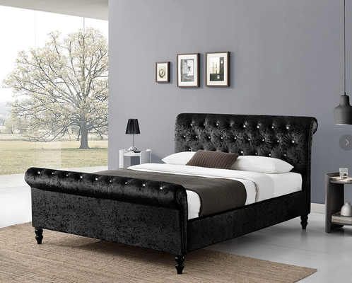 Gepolsterter Sperrholz-schwarzer Pferdeschlitten-Bett-Rahmen mit Dimond-Knöpfe Kopfende/Footboard