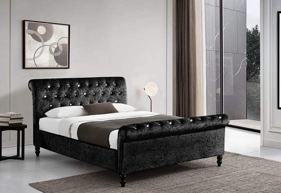Gepolsterter Sperrholz-schwarzer Pferdeschlitten-Bett-Rahmen mit Dimond-Knöpfe Kopfende/Footboard