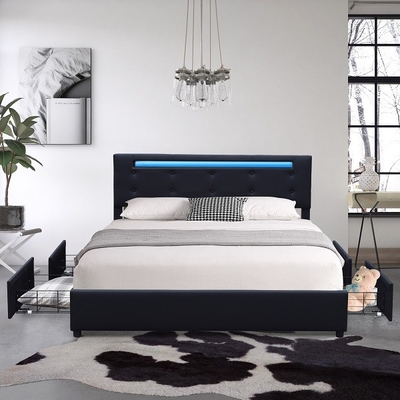 Königin gepolstertes Fach des Plattform-Bett-Rahmen-Schwarzes Faux-ledernes Metallvier mit LED-Licht