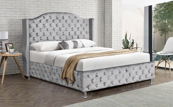 Kundengebundene Bett-Samt-Gewebe-Knopf-büschelige hohe Kopfende König-Size Upholstered Platform