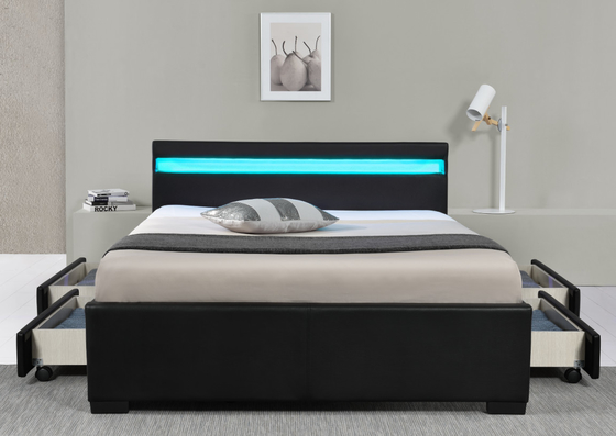 Schwarzes Kunstleder-Doppelbett, gepolstertes Bett mit kabelloser Fernbedienung