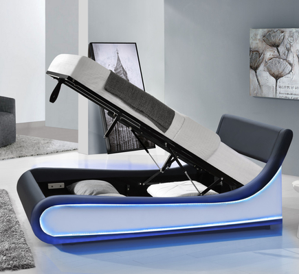 Doppel-Kingsize-LED-Polsterbett Modernes schwarzes Kunstleder