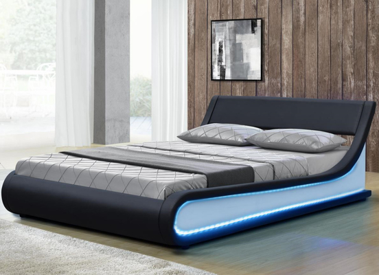 Doppel-Kingsize-LED-Polsterbett Modernes schwarzes Kunstleder