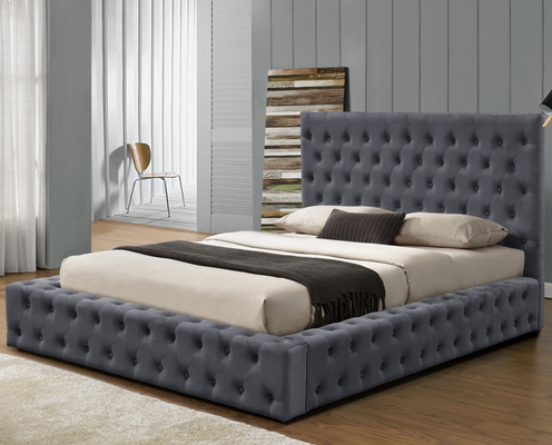 Grauer Stoff King Size Ottoman Bettrahmen gepolstert mit Knöpfen Kopfteil