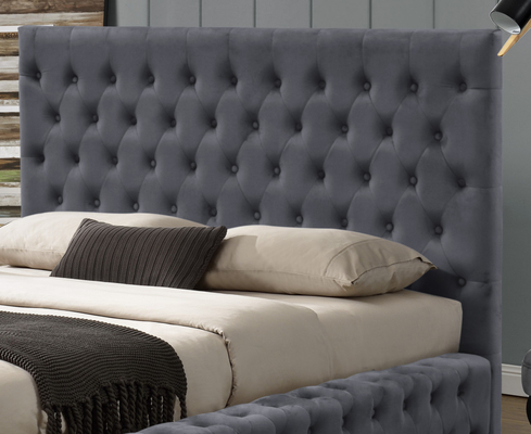 Grauer Stoff King Size Ottoman Bettrahmen gepolstert mit Knöpfen Kopfteil