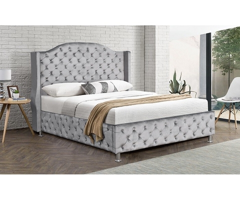 Kundengebundener silberner Grey Upholstered Bed Velvet Fabric-Knopf heftete sich hohe Kopfende durch
