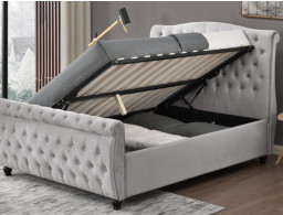 Kuschelbett aus weichem, grauem Samt, komfortables hohes Kopfteil