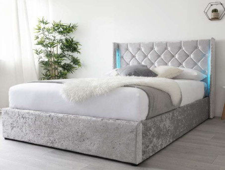 Queen-Size-Bett aus grauem Crushed Velvet-Sperrholz mit LED-Licht-Kopfteil auf beiden Seiten