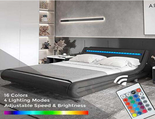 Schwarzes doppeltes Polsterbett-Leinen-Gewebe-Plattform-Bett mit LED-Licht