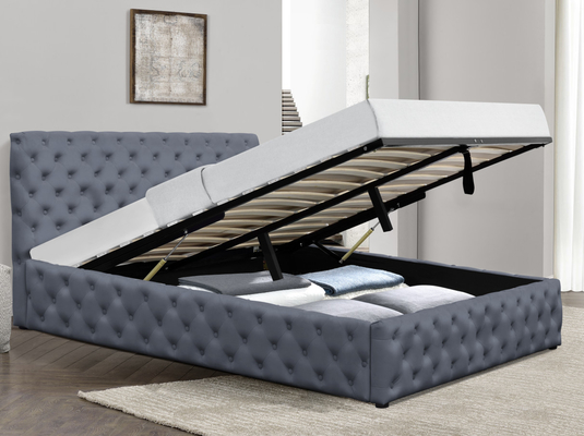 Heller Grey Velvet Gas Lift Storage-Bett-König Size Upholstered Tufted knöpft