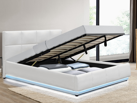 Doppelgröße Weißes PU-Leder LED-Licht Gaslift Lagerbett Für Schlafzimmer