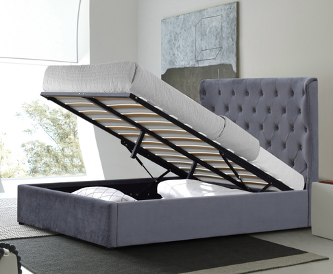 Kingsize 500lbs Gaslift Lagerbett Graue Samt Stoff Tufted Knöpfe auf dem Kopfteil