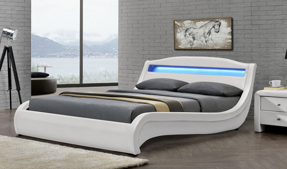 Falsches Lederpolsterbett, Plattformbettrahmen mit Led-Beleuchtung, Kurvendesign