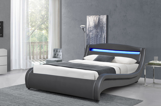 Falsches Lederpolsterbett, Plattformbettrahmen mit Led-Beleuchtung, Kurvendesign