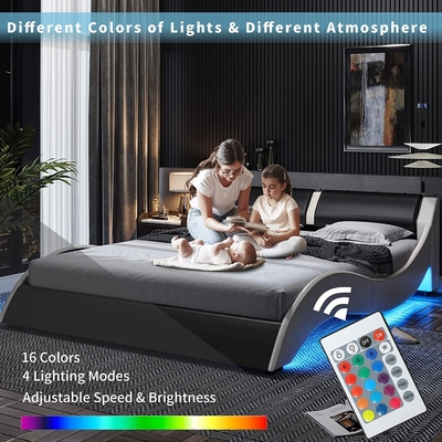 Polsterbett mit PU-Lederkopfteil, PU-Plattform-Bettrahmen mit LED-Leuchten
