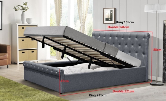 Bescheinigung Diamond Buttons Gas Lift Storage-Bett-doppelte Größen-Grey Linen Ottoman Beds BSCI