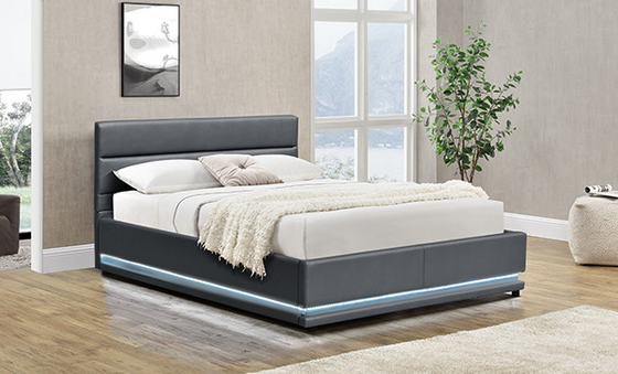 Grey Leather Storage Bed With LED auf der Kopfende