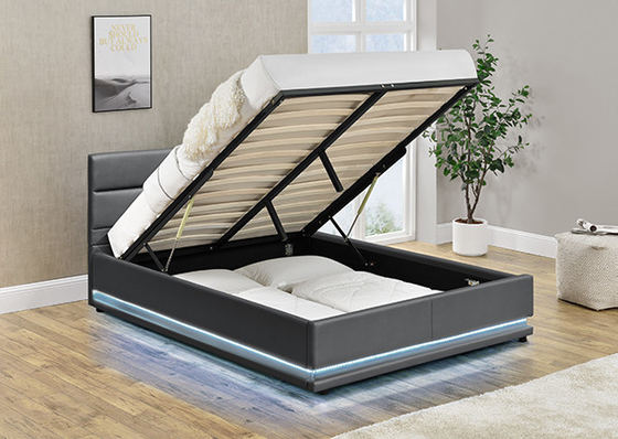 Grey Leather Storage Bed With LED auf der Kopfende