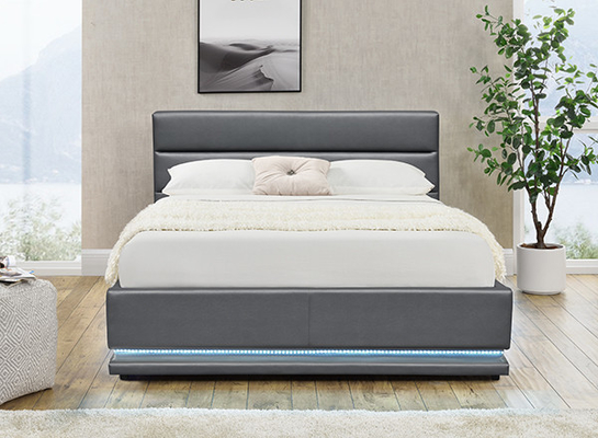 Grey Leather Storage Bed With LED auf der Kopfende