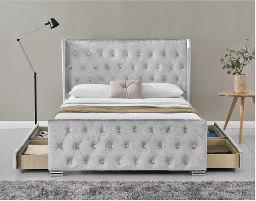 Wing Back Ottoman Tufted Storage-Bett-König Size Wood Sliver Grey Crushed Velvet With Headboard
