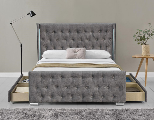 Wing Back Ottoman Tufted Storage-Bett-König Size Wood Sliver Grey Crushed Velvet With Headboard