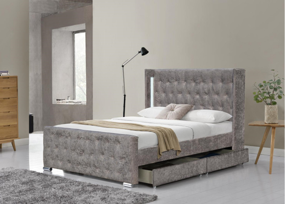 Wing Back Ottoman Tufted Storage-Bett-König Size Wood Sliver Grey Crushed Velvet With Headboard