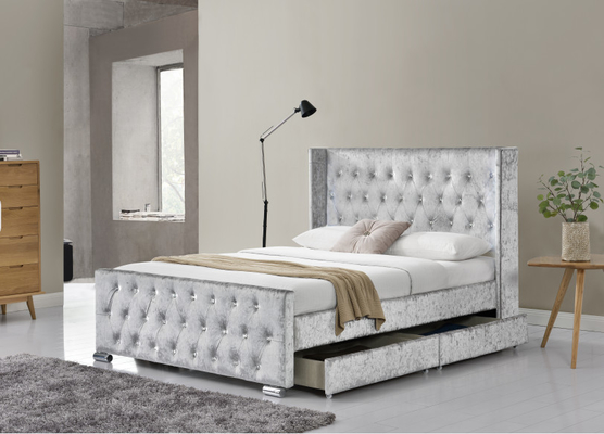 Wing Back Ottoman Tufted Storage-Bett-König Size Wood Sliver Grey Crushed Velvet With Headboard
